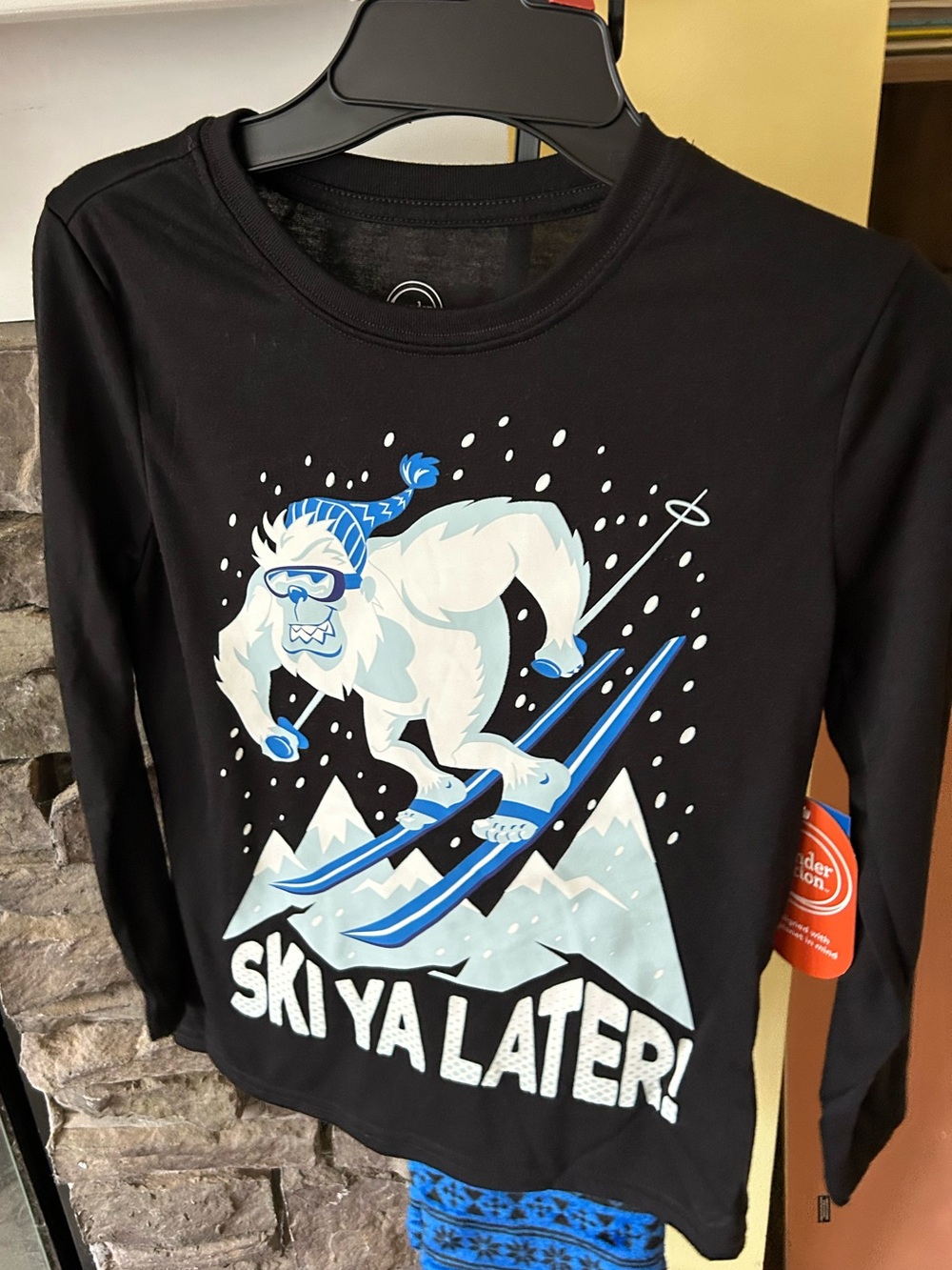 wonder nation Black Kids Pajama Top with Blue and White Skiing Yeti Graphic